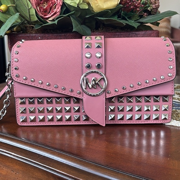 Brand New Michael Kors Pink Leather Greenwich Convertible Studded Shoulder Bag - Picture 2 of 16